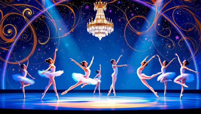 An exciting ballet performance scene with dancers on stage, showcasing top hashtags for ballet performances.